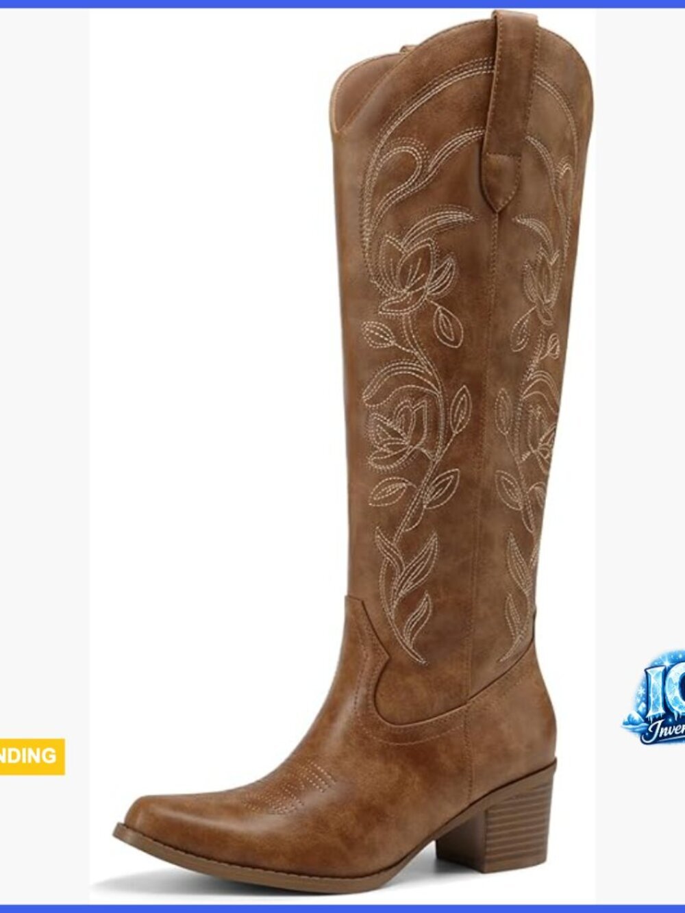 Faux Leather Knee High Cowboy Boots with Chunky Heel Square Toe